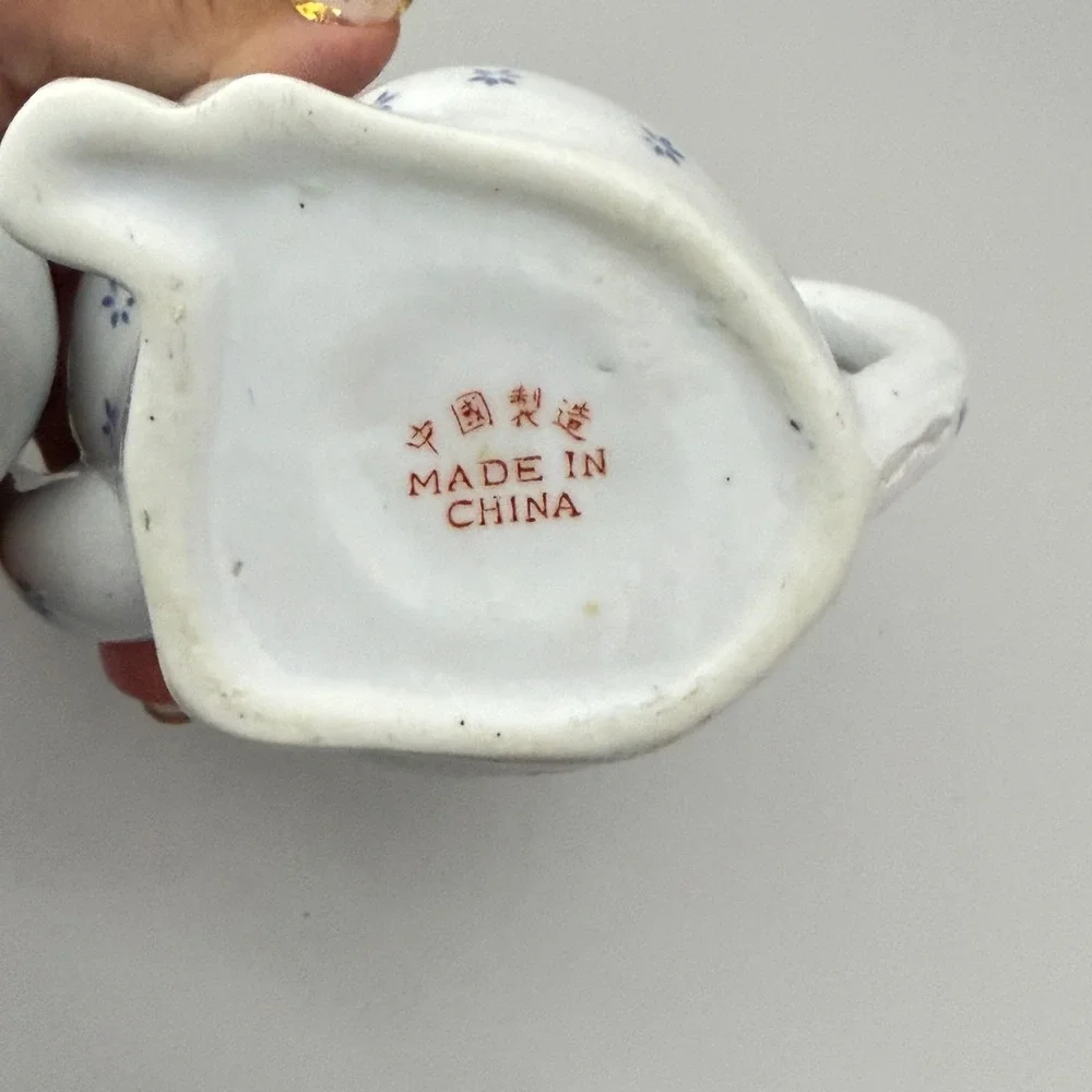 Vintage Ceramic Cat Teapot Small White Blue Floral Hand Painted Gold Collar OS